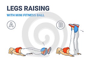 Girl Doing Leg Raises with Fitness Mini Ball Home Workout Exercise Guide Color Illustration.