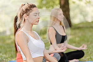 Girl doing meditate with friends in a park sitting to do concentration mild meditation Pranayama for improve memory and focus