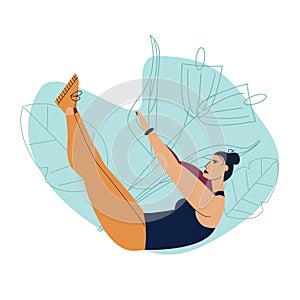 The girl is doing physical exercise. The woman is engaged in fitness. Beautiful vector illustration in a flat style for a sports