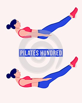 Girl doing Pilates Hundred exercise, Woman workout fitness, aerobic and exercises. Vector Illustration