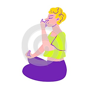 The girl is doing pranayama. Rest and relaxation. Beauty, care, hygiene concept clipart. Vector. Flat style