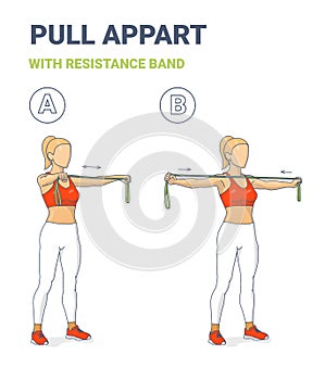 Girl Doing Pull Appart Home Workout Exercise with Resistance Band Rubber Equipment Guidance.