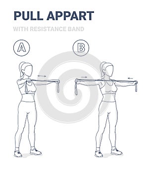 Girl Doing Pull Appart Home Workout Exercise with Resistance Band Rubber Equipment Guidance.