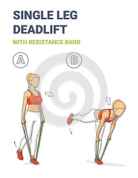 Girl Doing Single Leg Deadlift Home Workout Exercise with Resistance Band or Rubber Loop Guidance.