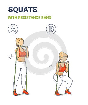 Girl Doing Squats Home Workout Exercise with Rubber Resistance Band Equipment Guidance.