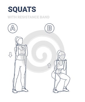 Girl Doing Squats Home Workout Exercise with Rubber Resistance Band Equipment Guidance.