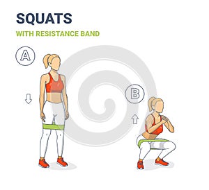 Girl doing Squats with Resistance Band Silhouettes. Squatting Athletic Young Woman Does Elastic Band Workout Exercise