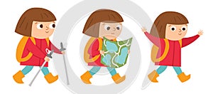 Girl doing summer activities. Cute kid walking with Nordic sticks, backpack and map. Vector summer camp set. Camping character