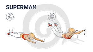 Girl Doing Superman Exercise Fitness Home Workout Guidance Illustration. Lying Back Woman Exercise.