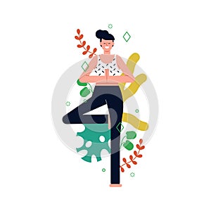 Girl doing tree pose yoga with plant leaves