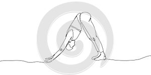 Girl doing yoga, downward facing dog pose one line art. Continuous line drawing sports, fitness, pilates, athletics