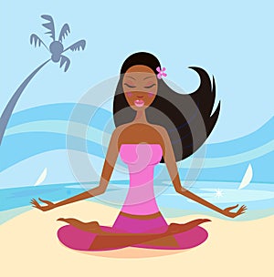 Girl doing yoga lotus position on the beach