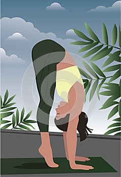 A girl doing yoga in nature stands in the Tadasana pose