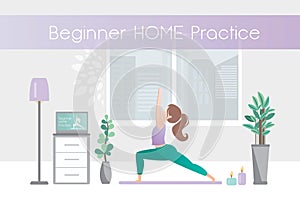 Girl doing yoga pose,hatha yoga at home,interior with furniture