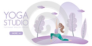 Girl doing yoga pose,hatha yoga in park,web banner template,place for text