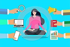 Girl doing yoga and promoters trying to advertise her. Hands with a magnifying glass, microphone, laptop, mobile, and book vector