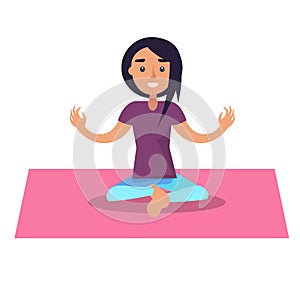 Girl doing yoga sits in lotus position on pink rug