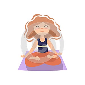 Girl doing yoga on yoga matt, in lotos pose. Little girl in lotos posture, yoga exersise, vector cartoon illustration