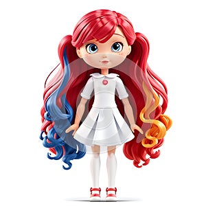 Girl doll with coloured hair. Small plastic doll on a white background
