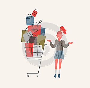 Girl doubts at store with cart full of shopping bags vector illustration