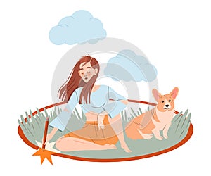 Girl drawing boundary around herself and her dog. Social isolation, unsocial lonely person cartoon vector illustration