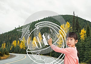 Girl drawing a globe on the road