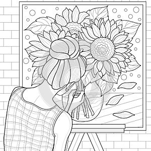 Girl draws sunflowers. Artist.Coloring book antistress for children and adults.