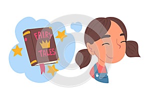 Girl Dreaming about Reading Fairy Tale Book, Human Thoughts and Needs Cartoon Style Vector Illustration on White