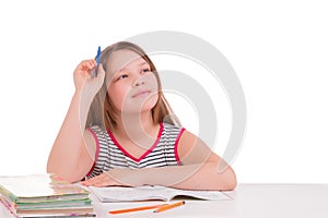 A girl dreams in class. White background