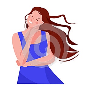 Girl dreams, closed her eyes, her hair fluttering in the wind. Summer blue dress. Vector illustration in flat cartoon style.