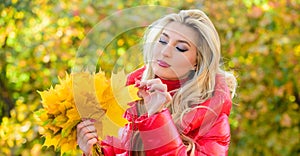 Girl dreamy face hold bunch maple leaves. DIY project autumn leaf bouquet. Woman gather leaves in park. Autumn is her