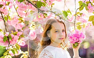 Girl on dreamy face standing under sakura branches with flowers, defocused. Tenderness concept. Girl with long hair