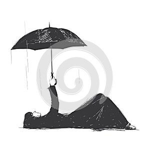 Girl in the dress lies on the ground, closing from the rain with an umbrella.