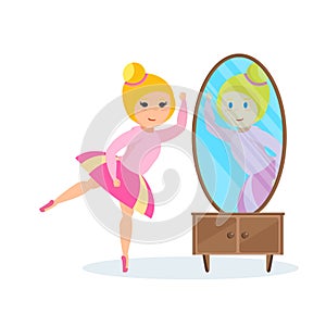 Girl in dress, looks in mirror, presents herself ballet dancer.