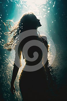 Girl in a dress under water. Generative AI