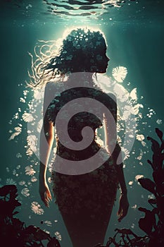 Girl in a dress under water. Generative AI
