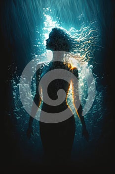 Girl in a dress under water. Generative AI