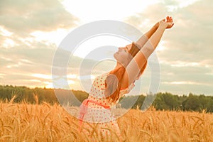 Girl in dress walking in golden ripe wheat field at sunset photo