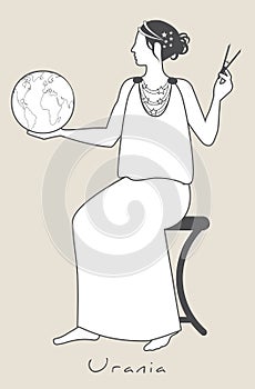 Girl dressed in the ancient Greek style, holding a globe and a compass. Muse Urania. Isolated on white background photo