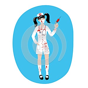 Girl dressed as a bloody nurse for halloween carnival party. A hat with a cross, a robe and a mask stained with blood. Syringe