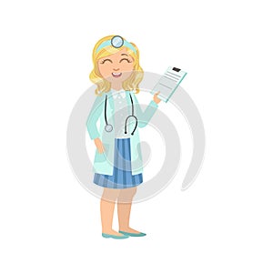 Girl Dressed As Doctor Holding Patients History Papers