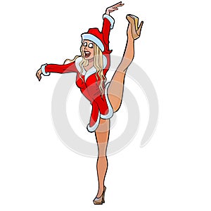 A girl dressed as Santa Claus lifted her leg in the dance photo