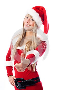 Girl dressed as Santa with her thumb up