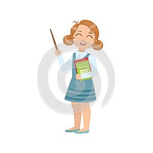 Girl Dressed As Teacher With Books And Stick