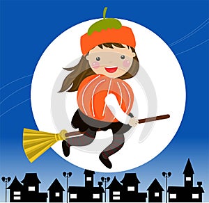 A  girl dressed in a witch costume for Halloween and riding a broomstick