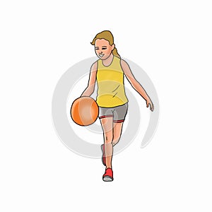 A girl dribling basketball whith white background illustration