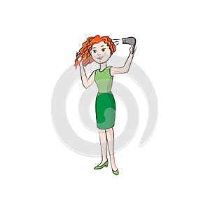 Girl dries hair with a hairdryer. Vector color