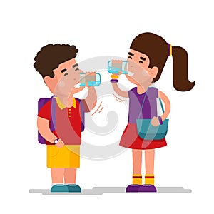 Girl drink blue refreshing relax water and boy drinking from clean glass vector illustration