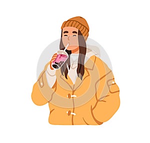 Girl drinking boba, Korean bubble milk tea in takeaway glass with straw. Young woman holding take-away Asian bubble