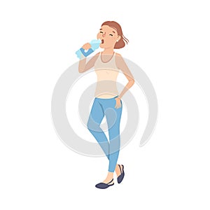 Girl Drinking Clean Water from Plastic Bottle, Person Quenching Thirst Cartoon Style Vector Illustration